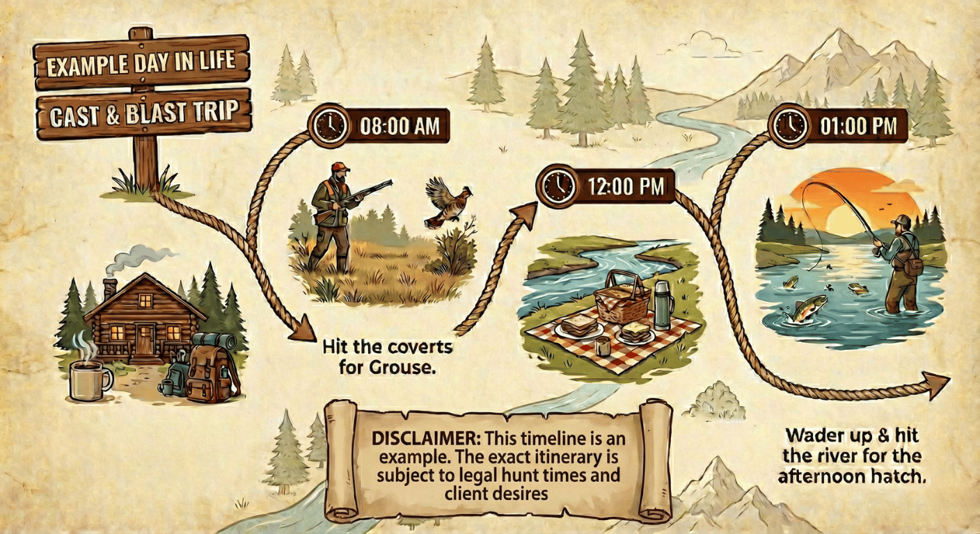 Maine Cast and Blast Itinerary Infographic showing timeline of grouse hunting in morning and fly fishing in afternoon