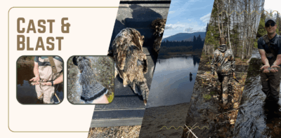 A photo split between a hunter with a grouse and an angler with a Wild Brook Trout in a Maine river.