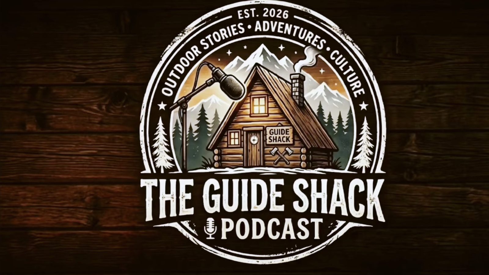 The Guide Shack Podcast logo: a log cabin in the mountains with a microphone, and the words Outdoor Stories, Adventures, Culture